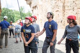 WVU Tech students learn how to properly set up safety equipment for a climb.